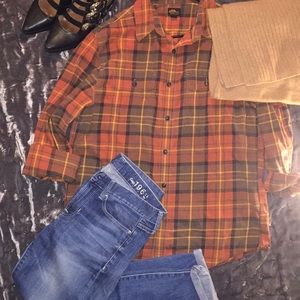 Rust black and mustard plaid button down by LLBean